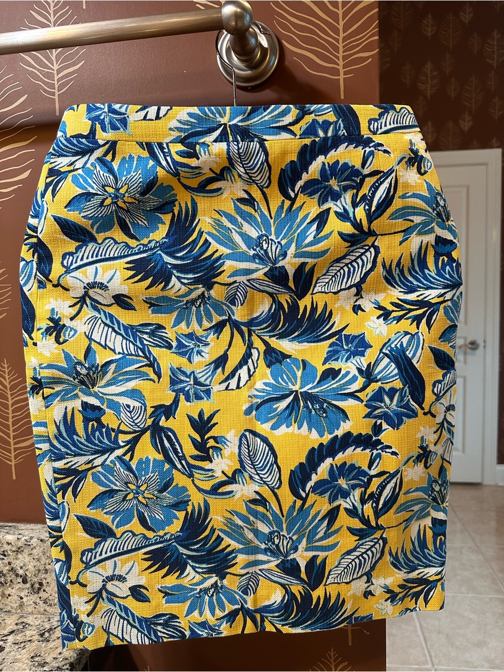 NWTT J. Crew Yellow Floral Pencil Skirt with Blue Prints
